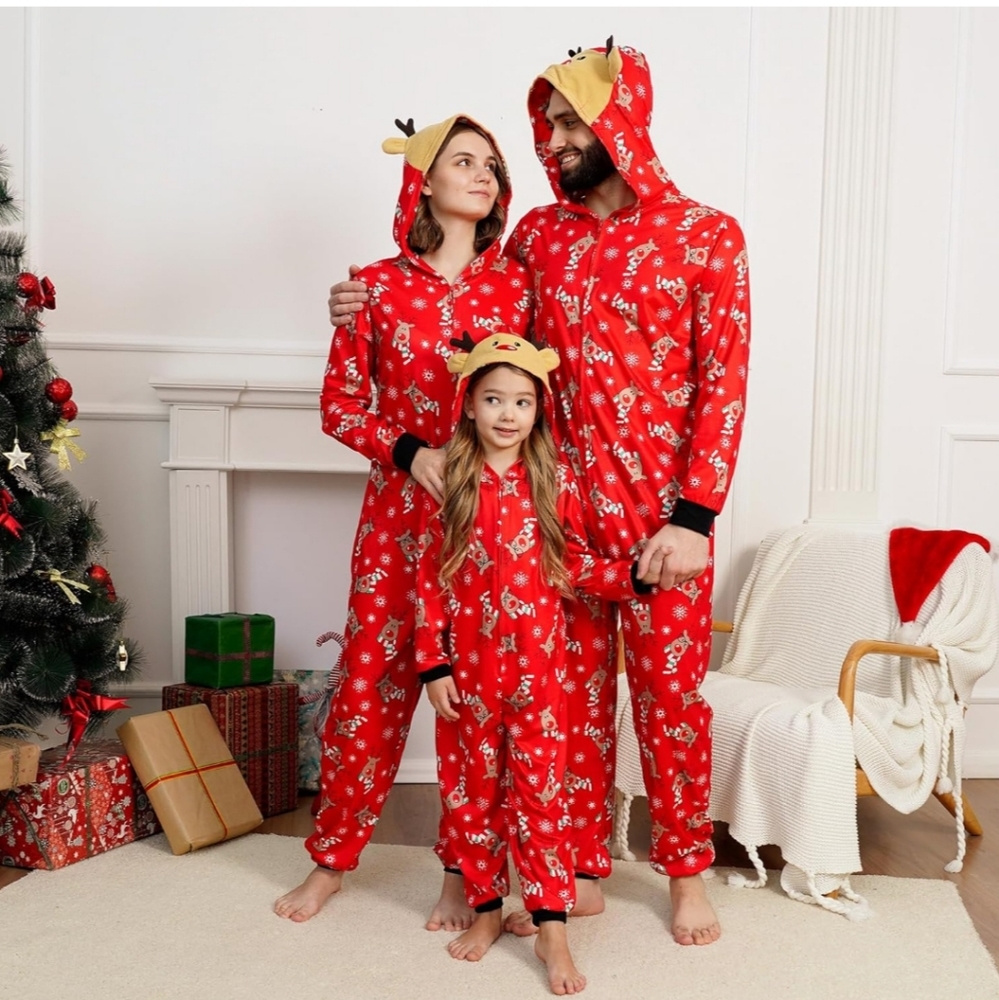 Kid's Red Reindeer Christmas PJ'S Onesie - Picture 2 of 4